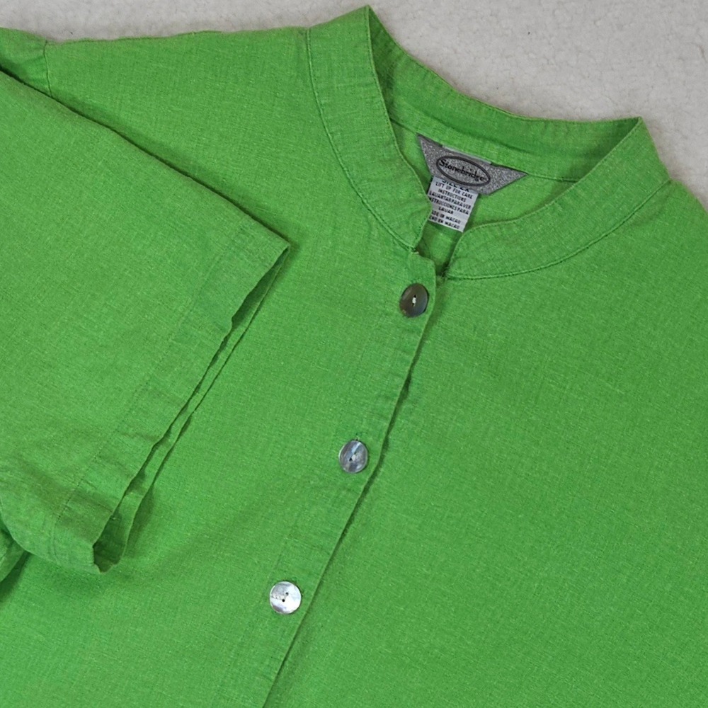Stonebridge 2X Linen Blend Top Green Mandarin Collar Short Sleeve Button Up Plus
